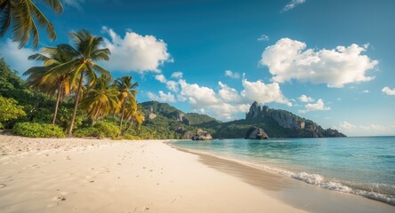 Clear sunny day at a tropical beach with white sandy shore, green palms, and granite rock features