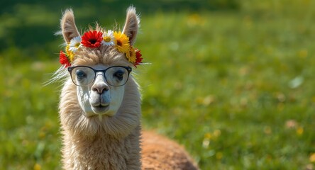 Naklejka premium Lively pet llama in stylish glasses with vivid flower crown on grassy field full length summer day