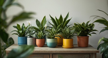Fototapeta premium Intimate image of a table displaying colorful pots with flourishing houseplants