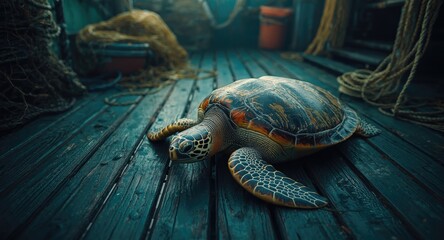 Naklejka premium Captured sea turtle bycatch on fishing vessel deck and copy space for text