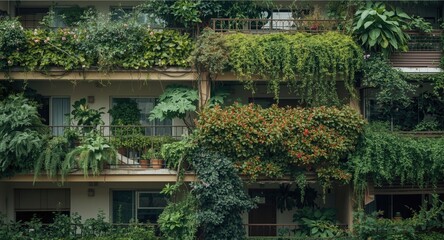 Elevated shot of apartment blocks with balconies decorated with multiple types of greenery