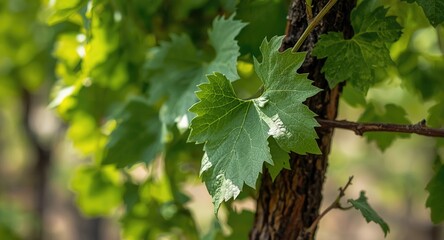 Close up of vibrant green grapevine leaves on aged vine during spring vineyards with soft focus
