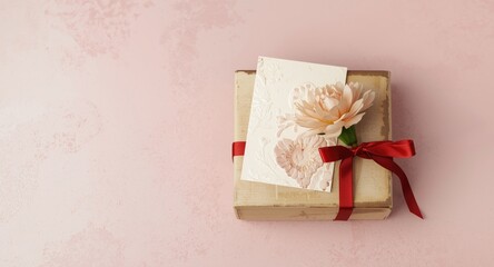 Greeting card placed with vintage gift box adorned with heart ribbon and carnation on pink copy space background