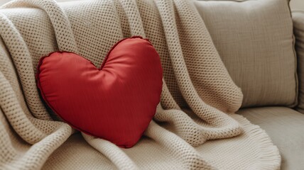 Cozy red heart pillow resting on a textured knit blanket on a sofa.