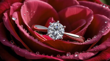 Diamond engagement ring nestled within vibrant red rose petals with dew drops.