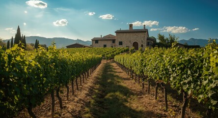Naklejka premium Bright natural light on historic hillside winery surrounded by regularly planted grapevines