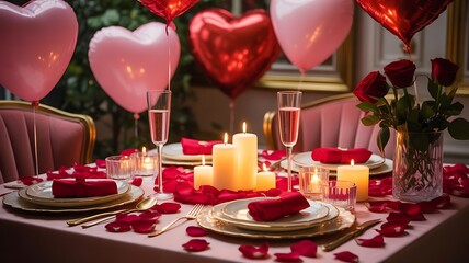 Romantic valentine's day celebration with heart balloons and rose petals.