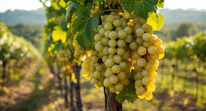Full view of ripe white grape clusters on vineyard trellis with room for copy