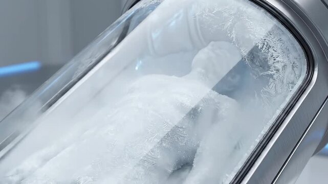 A male human figure encased in ice within a futuristic cryogenic chamber, representing suspended animation and science fiction concept