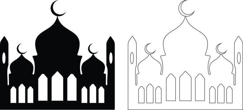 Ramadan mosque silhouette icon set with crescent moon in flat and outline style, Islamic mosque skyline collection, black monochrome vector illustration isolated on transparent background