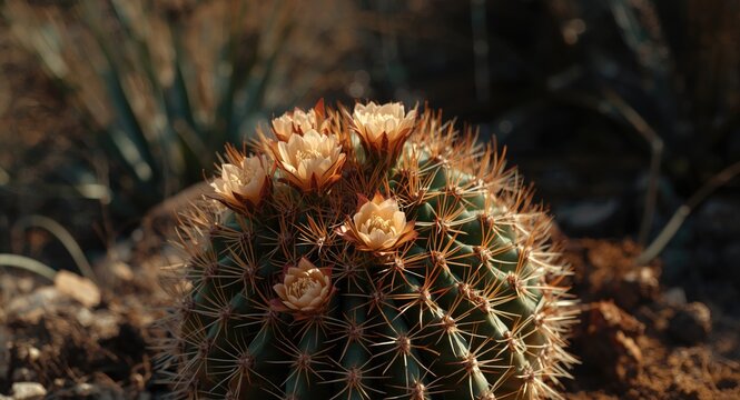 Bright Notocactus scopa cactus displaying intricate thorns and blossoming flowers in botanical setting