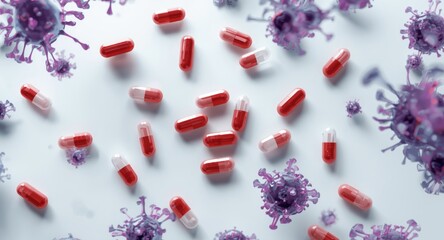 Advanced lung cancer drug regimen featuring EGFR inhibitors plus immune checkpoint therapy depicted by capsules and cancer cells on white background