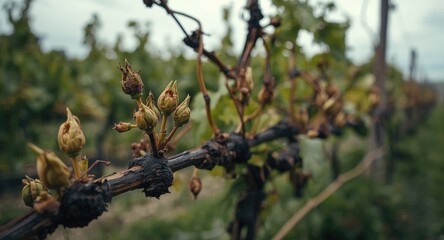 Naklejka premium Fresh grapevine shoots and flower buds harmed by recent hailstorm in vineyard