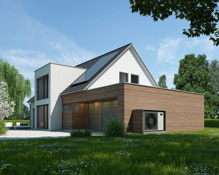 W&auml;rmepumpe an einem Holzanbau eines modernen Hauses