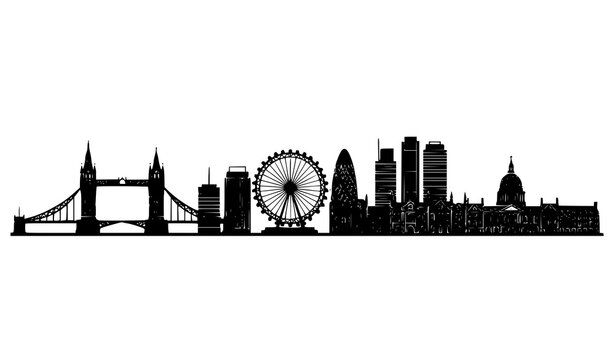 London skyline silhouette vector panorama with iconic landmarks in minimalist black and white cityscape design