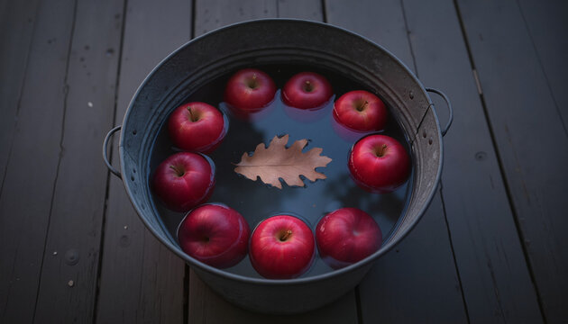 Red apples floating in water with oak leaf in metal tub  