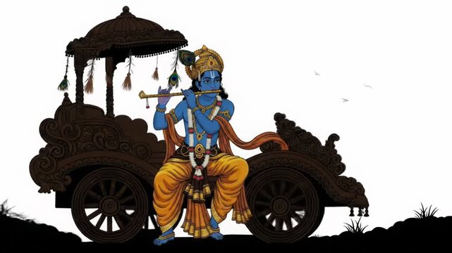 Lord Krishna playing flute on chariot, Hindu deity, spiritual, religious, mythology, ancient India