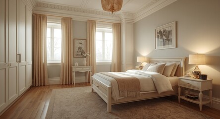 Obraz premium Brightly decorated childrens bedroom with a comfortable bed and a solid nightstand