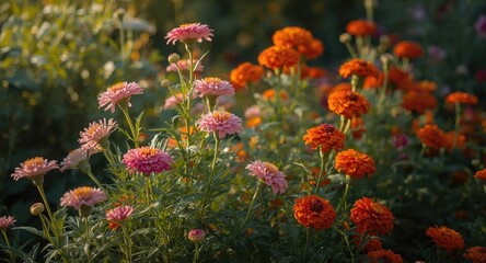 Garden full length view of flourishing pink Zinnias and bright red Marigolds in natural light