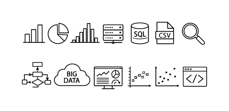 Collection of icons representing data analysis, big data, and programming concepts