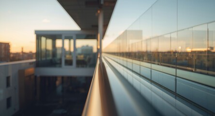 Obraz premium Elegant glass terrace with stainless steel railing bathed in warm summer light