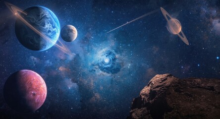Fototapeta premium Intricate cosmic view with varied planets and a bright starry background