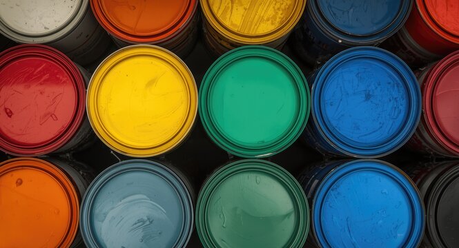 Colored paint containers showcasing household hazardous waste categories