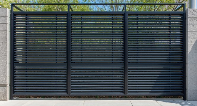 Elevated metal fence integrating angled slats and louvered sections