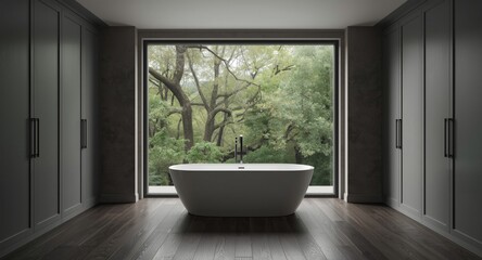 Fototapeta premium Contemporary bathroom in gray tones with hardwood flooring, white bathtub, closets, and leafy outdoor view