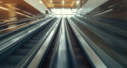 Dynamic zoom blur effect on sleek escalator in contemporary commercial interior