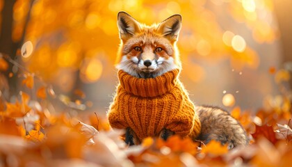 cute red fox wearing oversized orange knitted sweater sitting in fall forest leaves