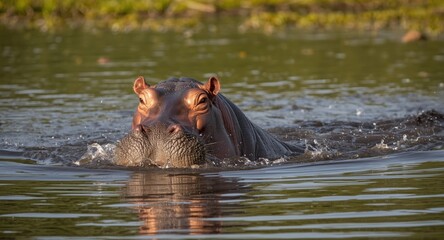 A lively hippopotamus moving gracefully in a wide water area displaying aquatic power