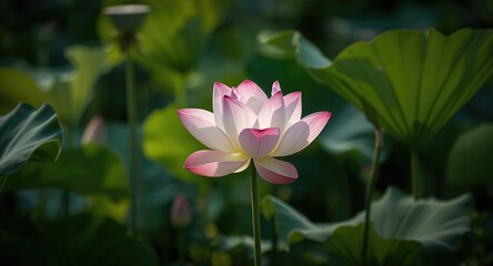 Obraz premium Lotus flower in vivid bloom surrounded by fresh green nature backdrop
