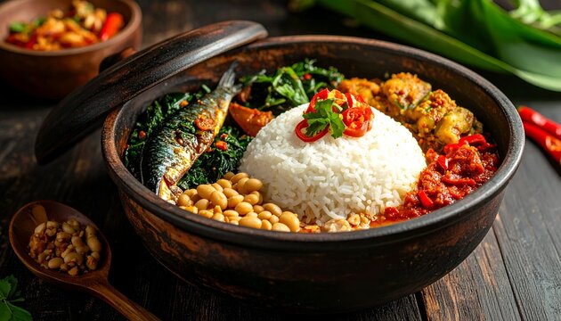 Traditional Indonesian Savory Rice Nasi Liwet Served in Clay Pot