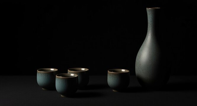 Japanese sake set displayed on a dark matte black background with ample copy space