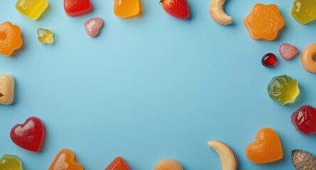 Obraz premium Different gelatin sweets placed on cool blue backdrop top view with copy space