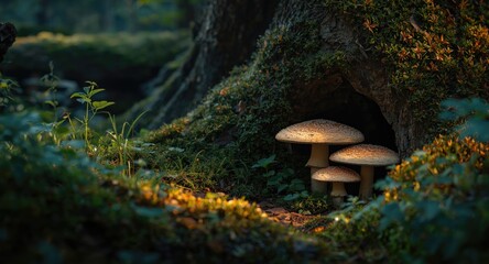Fototapeta premium idyllic mushroom retreat embraced by flourishing woodland plants