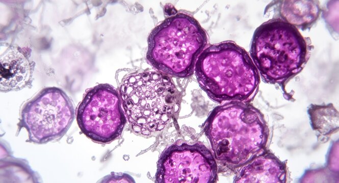 Close microscopic analysis of blast cells from acute myeloid leukemia bone marrow aspirate