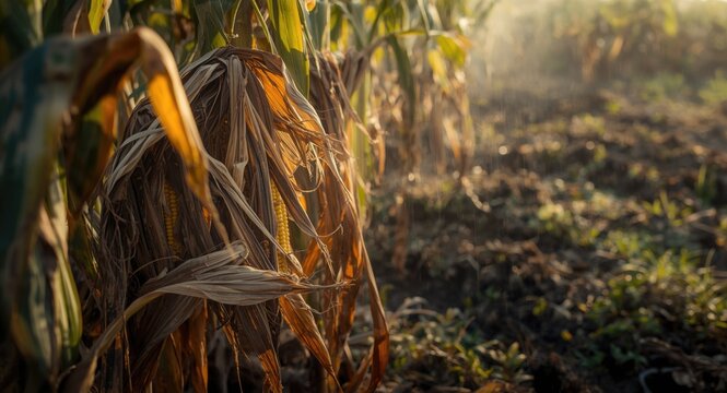 Detailed photo of corn ears with dry leaves and mold exemplifying natural farm process