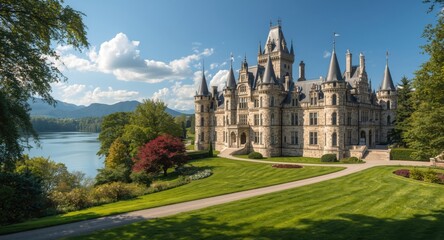 Obraz premium A grand castle showcasing elaborate design overlooking a serene water body