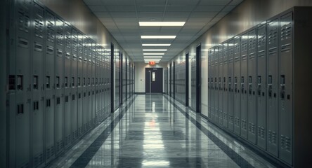 Fototapeta premium Contemporary academic hallway with neatly arranged personal lockers and exits