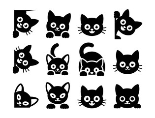 Cute Black Cat Vector Icon Set. Funny Peeking Cat Face and Paw Symbols for Pet Design, Sticker, Character Illustration, Kids Content, and More. Vector Illustration. Editable Stroke.