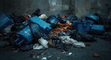 Fototapeta premium Blue trash bins and plastic bags scattered on ground in disposal zone