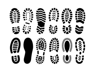 Shoe Sole Footprint Vector Icon Set. Boot, Sneaker and Shoe Tread Sole Imprints for Footwear, Fashion, Trail, Hiking, and More. Vector Illustration. Editable Stroke.