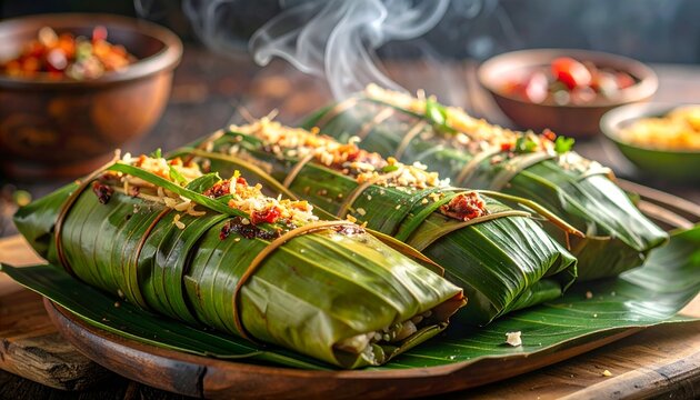 Traditional Indonesian Grilled Rice Nasi Bakar Wrapped in Banana Leaf
