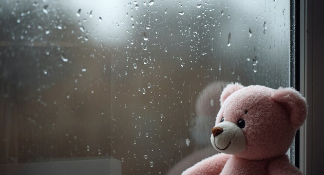 Close up of a pensive pink teddy bear observing raindrops on glass during a somber autumn day
