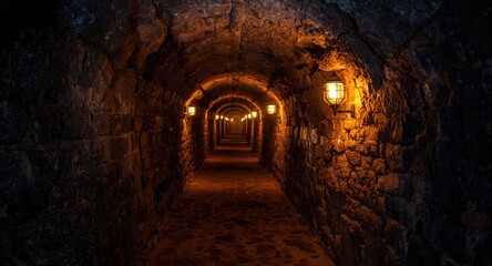 Obraz premium A hopeful journey through a dimly lit underground mine passage with guiding antique lighting fixture