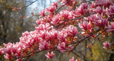 Obraz premium A tree branch flourishing with bright pink magnolia blossoms and fresh green spring foliage