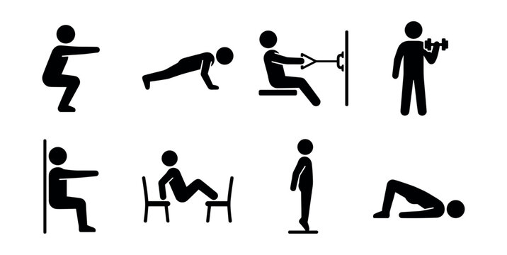 Fitness and exercise stick figure icons set