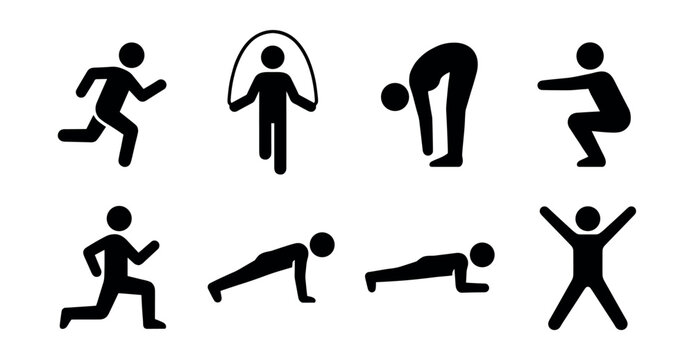 Stick figure exercise and physical activity icons set